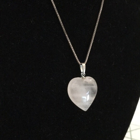 Sterling Silver Box Chain Rose Quartz Pink Heart Pendant Necklace 16 Inch - Picture 3 of 8